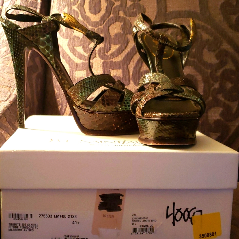 Yves Saint Laurent Green Brown Snakeskin Platform Heels